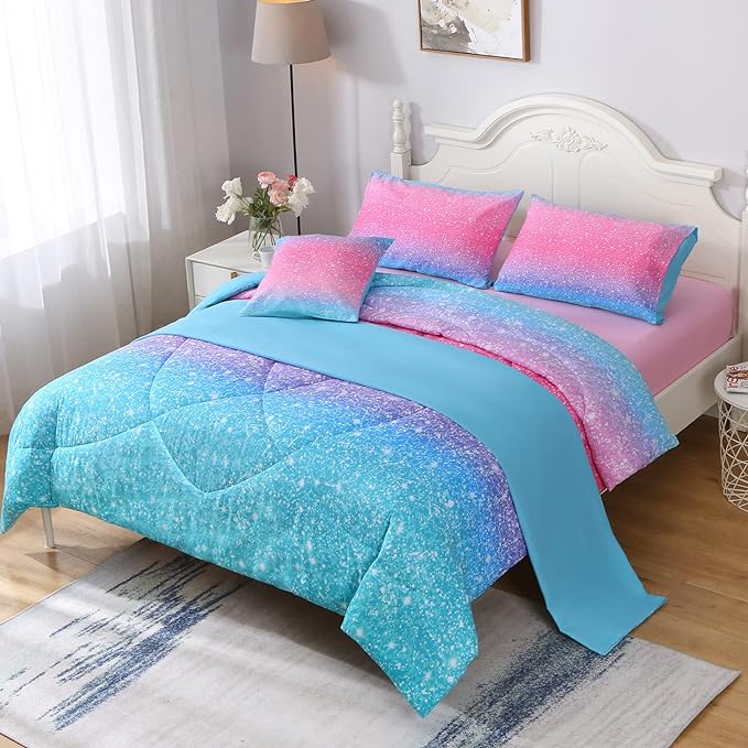 JQinHome Glitter Comforter Set Queen Size, 6 Piece Bed in A Bag 3D Colorful Duvet Pink Blue Bedding Set for Girls Women (1 Comforter,2 Pillowcases,1 Flat Sheet,1 Fitted Sheet,1 Cushion Cover) - LeafyLoom