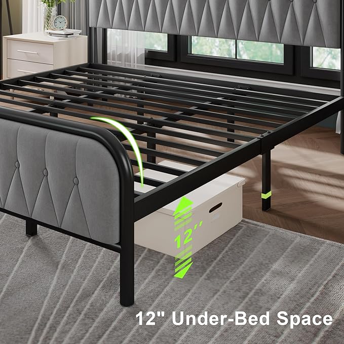 Feonase King Bed Frame with Type-C & USB Port, Metal Platform Beds, with Velvet Upholstered Headboard & Footboard, 12" Underbed Storage Space, Easy Assembly, Noise-Free, Gray - LeafyLoom