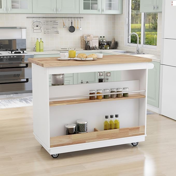 RITSU Kitchen Island Cart with Storage, Two-sided Rolling Bar Storage Cabinet Organizer on Wheels Wooden Top, Portable Movable Table w/Wine and Spice Rack, 2 Drawers, for Dining Room, White - LeafyLoom