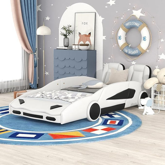 Twin Size Boys Car Bed,Race Car-Shaped Platform Wooden Bedframe with Wheels & Both Sides,Slat Support,Toy Furniture for Kids Toddlers Child's Bedroom,White - LeafyLoom