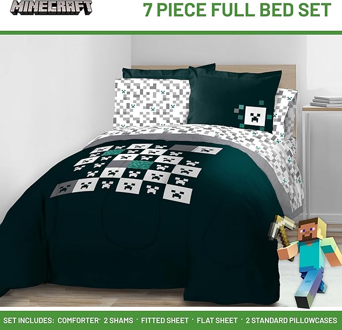 Minecraft Creeper Full Comforter Set - 7 Piece Gamer Bedding includes Sheet Set & Pillow Covers - Super Soft Checkered Kids Bedding - LeafyLoom