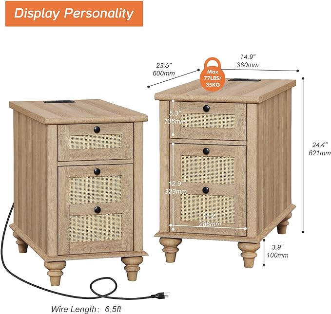 WAMPAT End Tables with Charging Station Set of 2, Rattan Side Table Farmhouse Nightstand with Drawer & Cabinet, Wooden Bedside Table with Power Outlets & USB Ports for Bedroom & Living Room, Burlywood - LeafyLoom