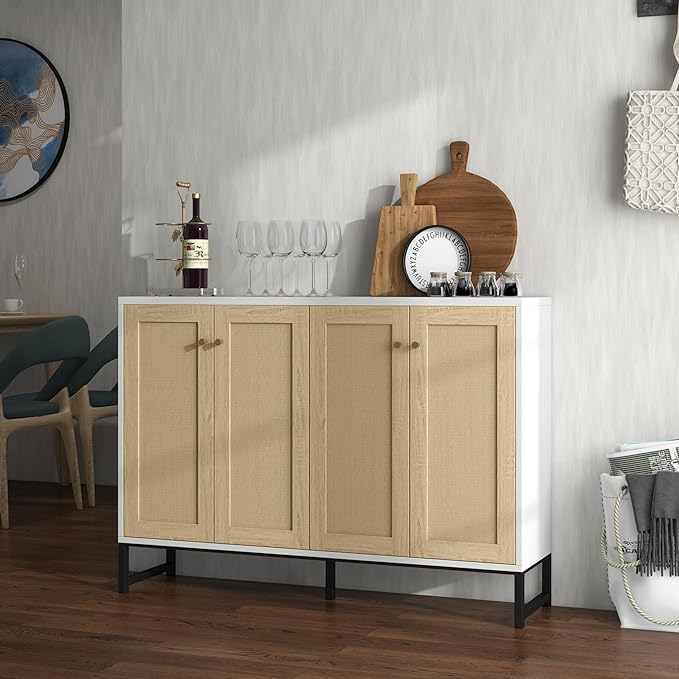 Panana Sideboard Accent Storage Cabinet with Rattan Decorated 4 Doors Dining Room Freestanding Kitchen Buffet Table Cupboard (White) - LeafyLoom