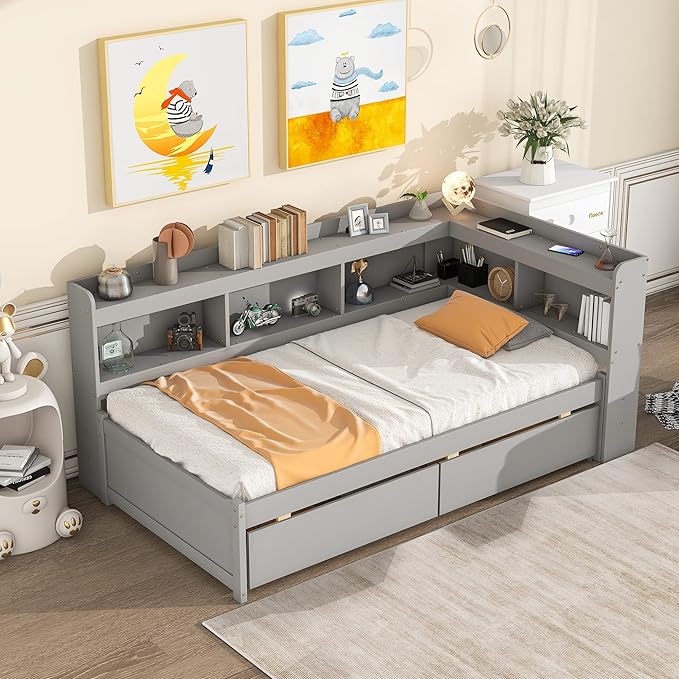 Twin Size Platform 2 Storage Drawers and L-Shaped Bookcases, Wooden Captain Bed Daybed Frame with Headboard for Bedroom, Living Room, Gray - LeafyLoom