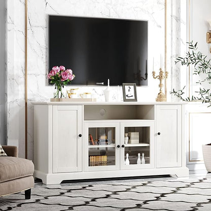 60 Inch TV Stand, Television Stands with 2 Tempered Glass Doors, Adjustable Panels and Open Style Cabinet, Entertainment Center for Living Room and Bedroom, White - LeafyLoom