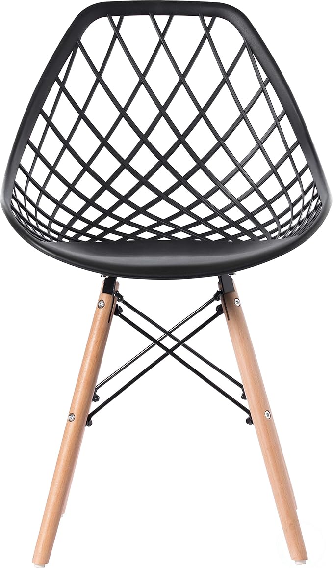 Mid-Century Modern Style Plastic DSW Shell Dining Chair with Lattice Back and Wooden Dowel Eiffel Legs, Black - LeafyLoom