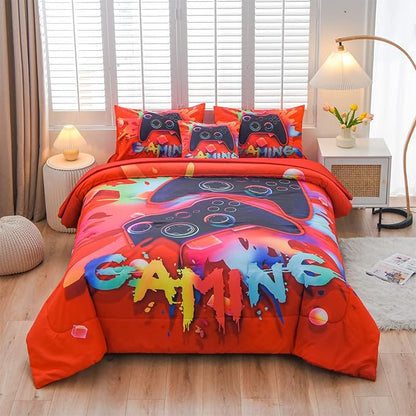 Aimuan Gaming Comforter Sets for Boys Kids Bedding Sets Video Games Console Action Buttons Novelty Colorful Game Gamepad Controller Modern Gamer Room Decor Home Quilt Set (Queen 6 Pcs,Red) - LeafyLoom