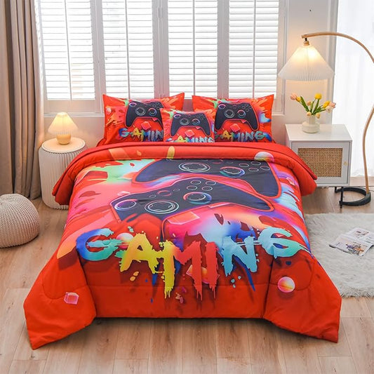 Aimuan Gaming Comforter Sets for Boys Kids Bedding Sets Video Games Console Action Buttons Novelty Colorful Game Gamepad Controller Modern Gamer Room Decor Home Quilt Set (Queen 6 Pcs,Red) - LeafyLoom