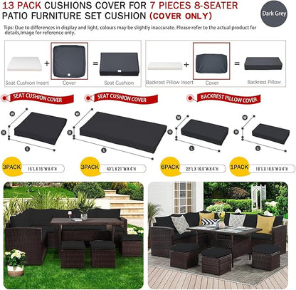 ClawsCover 13Pack Outdoor Seat and Back Cushions Replacement Covers Fit for 7Pieces Wicker Rattan Patio Furniture Set Sectional Couch with Dining Table and Ottoman,Dark Gray-Include Cover Only - LeafyLoom