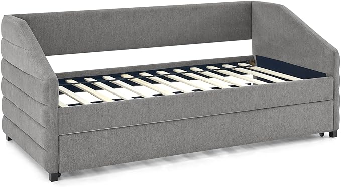 Linen Upholstered Twin Size Daybed with Trundle, Solid Wooden Bedframe w/Pull Out Bed and Tufted Decorate, No Box Spring Needed, for Kids, Bedroom, Dorm - LeafyLoom