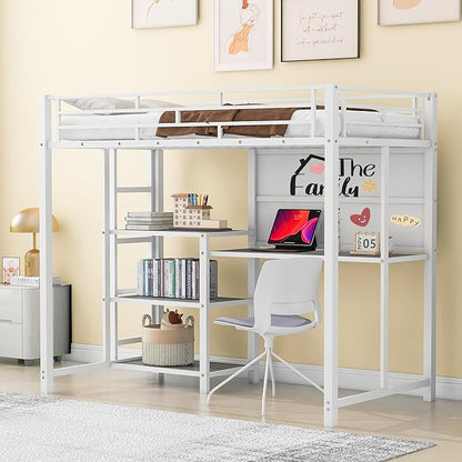 RITSU Twin Size Loft Bed, Heavy Duty Metal Bedframe with Desk and Whiteboard, 3 Big Shelves The Storage Space, Sturdy Construction, for Children's Room, Teens, White - LeafyLoom