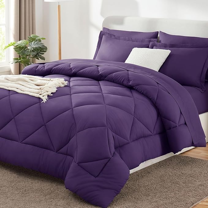 CozyLux King Bed in a Bag 7-Pieces Comforter Sets with Sheets Purple All Season Bedding Sets with Comforter, Pillow Shams, Flat Sheet, Fitted Sheet and Pillowcases - LeafyLoom