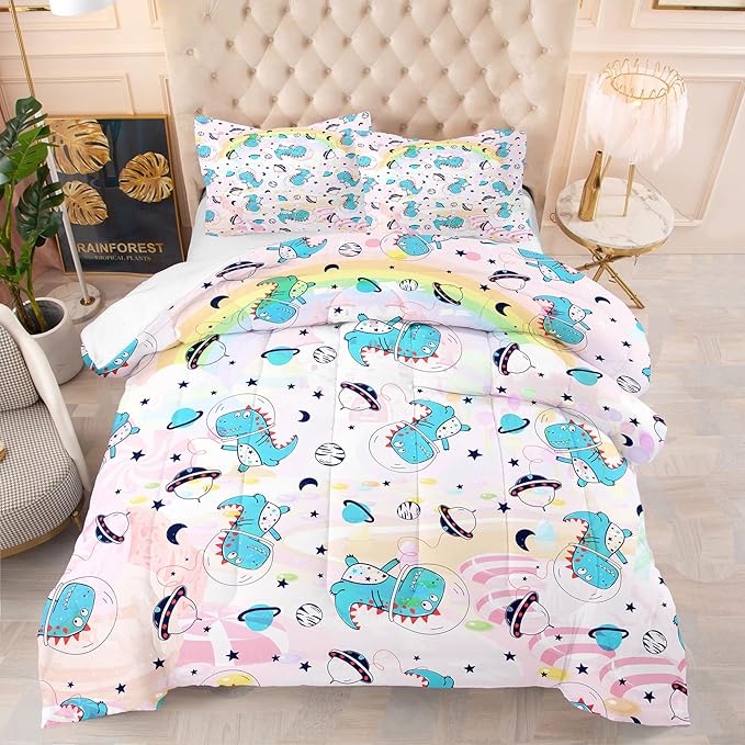 NINENINE Pink Dinosaur Bedding Set Colorful Rainbow Castle UFO Space Theme Comforter Set,Full Size Kids Bedding Sets for Boys Girls, Little Dinosaur Comforter Set with 1 Comforter 2 Pillowcases - LeafyLoom