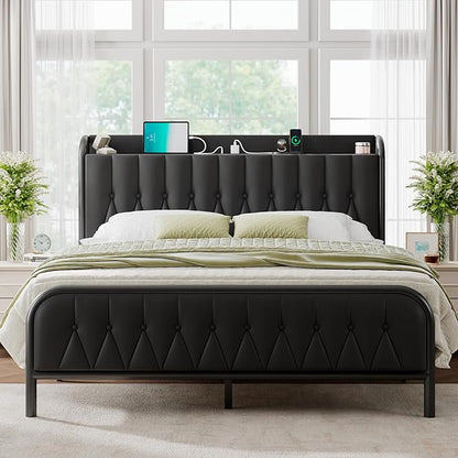 Feonase Queen Bed Frame with Type-C & USB Port, Metal Platform Beds, with Faux Leather Upholstered Headboard & Footboard, 12" Underbed Storage Space, Easy Assembly, Noise-Free, Black - LeafyLoom