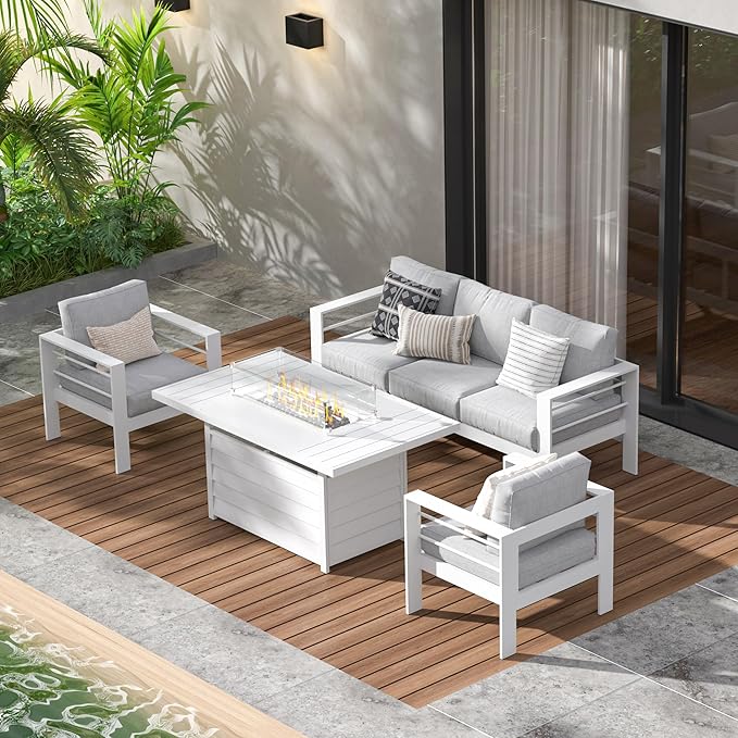 Wisteria Lane Aluminum Patio Furniture Set, 4 Pcs Metal Outdoor Furniture Set with CSA Certified 54in Propane Gas Fire Pit Table, Patio Conversation Set with 5in Olefin Cover Cushions, White - LeafyLoom