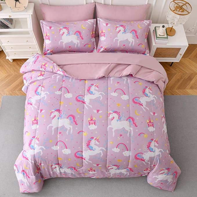 Queen Comforter Set for Girls, 7 Pieces Bed in a Bag with Shams, Sheet Set, Pink Unicorn Double Soft Microfiber Kids Comforter Bedding Set - LeafyLoom