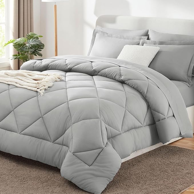 CozyLux Queen Bed in a Bag 7-Pieces Comforter Set with Sheets Light Grey All Season Bedding Sets with Comforter, Pillow Shams, Flat Sheet, Fitted Sheet and Pillowcases - LeafyLoom