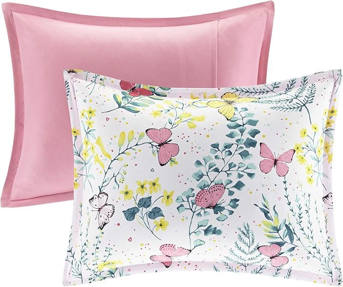 Mi Zone Kids Cynthia Comforter for Girls Microfiber Animal Butterfly Print, Modern All Season Down Alternative Kids Bed Set, Matching Sham, Decorative Pillow, Twin, Pink 3 Piece - LeafyLoom