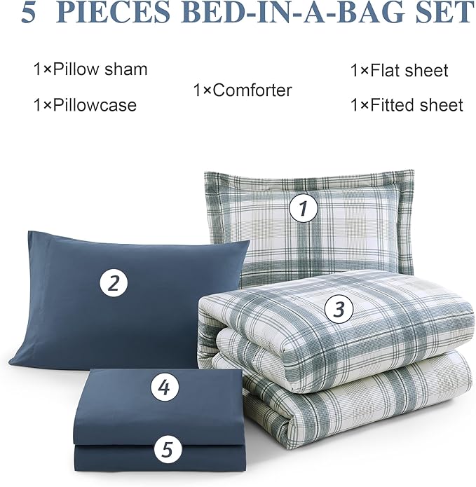 Blue Twin XL Comforter Set, Plaid Twin Comforter Set for Boys & Girls,Classic Homestead-style Twin Bed Set with Sheets and Comforter Set - LeafyLoom