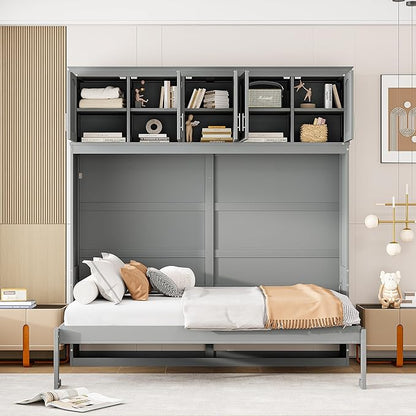 Merax Modern Murphy Cabinet Bed with Top Cabinets, Solid Wood Wall Platform Bed/No Box Spring Needed/Easy Assemble Full,Gray - LeafyLoom