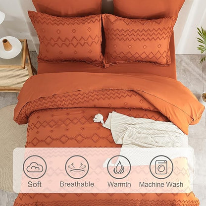 EMME King Comforter Set - 7 Pcs Pumpkin Boho Bedding Sets, King Size Tufted Comforter Set with Sheets, Shabby Chic Embroidery Bed Set Fluffy Bed Bag for All Season(102"X90") - LeafyLoom