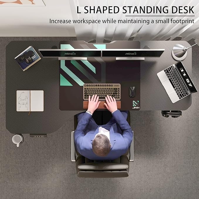 L Shaped Electric Standing Desk, 63 Inches Stand Up Corner Desk, Home Office Sit Stand Desk with Carbon Firben Top, Black Frame & Caster Wheels Set… - LeafyLoom