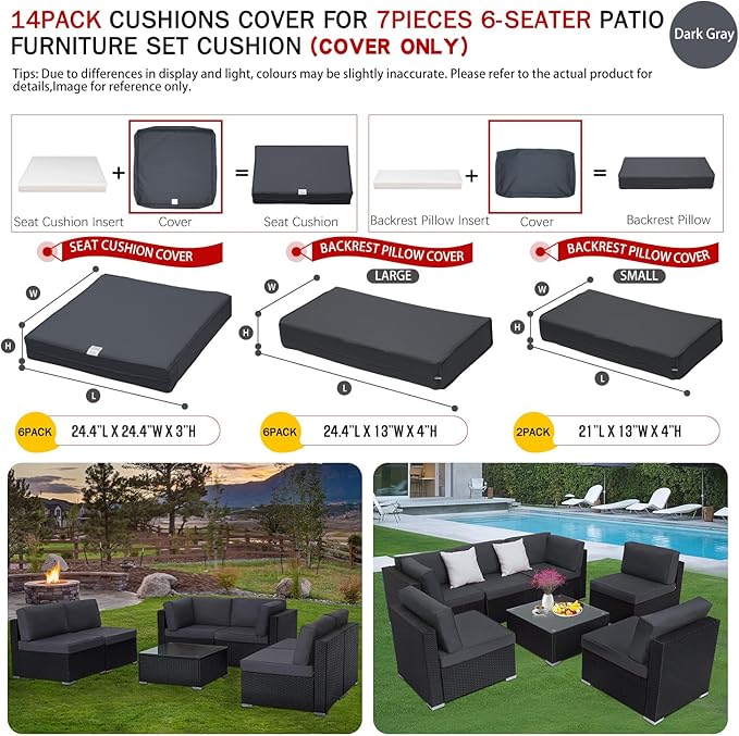 ClawsCover 14Pack Outdoor Patio Seat and Back Cushions Replacement Covers Fit for 7Pieces 6-Seater Wicker Rattan Sectional Couch Chair Furniture Set,Dark Grey-Include Cover Only (Small) - LeafyLoom