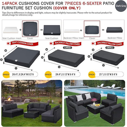 ClawsCover 14Pack Outdoor Patio Seat and Back Cushions Replacement Covers Fit for 7Pieces 6-Seater Wicker Rattan Sectional Couch Chair Furniture Set,Dark Grey-Include Cover Only (Small) - LeafyLoom