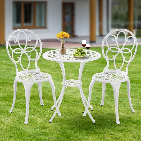 3 Piece Cast Aluminum White Bistro Set Outdoor Bistro Table and Chairs Set of 2,Metal Bistro Patio Table Set with Umbrella Hole,Patio furniture Set for Garden,Front Porch. - LeafyLoom