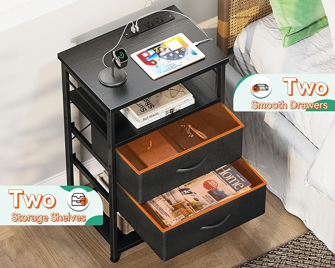 AODK Night Stand with Charging Station, End Table for Bedroom Tall Nightstand with Drawers, Small Nightstand for Bedroom, 4-Tier Storage Bedside Table, Black - LeafyLoom