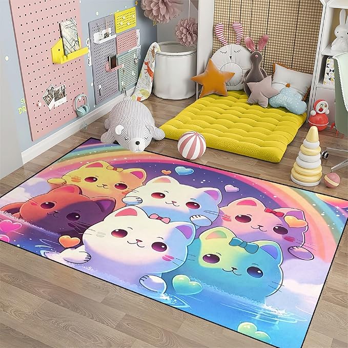 Rainbow Cat Rug for Girls - Colorful Cat Rug for Kids Bedroom Cute Cartoon Cat Pattern Rug Lovely Cat Rugs Room Decor Anime Cat Area Rug, 3x5 Feet - LeafyLoom