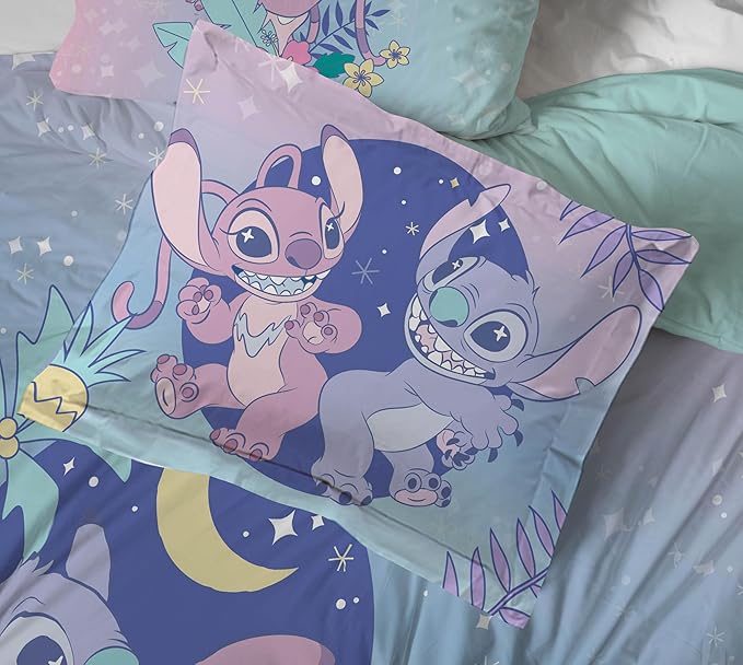 Disney Lilo and Stitch Full Size Comforter Set - 7 Piece Floral Bedding includes Sheet Set & Pillow Covers Features Angel - Super Soft Purple & Teal Stars Kids Bedding - LeafyLoom