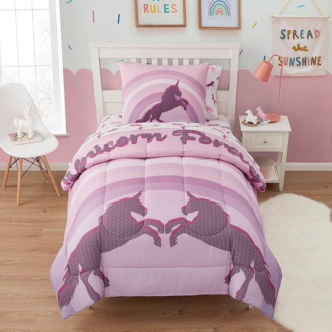 Kids Bedding Set Bed in a Bag for Boys and Girls Toddlers Printed Sheet Set and Comforter, Twin, Unicorn Forever - LeafyLoom