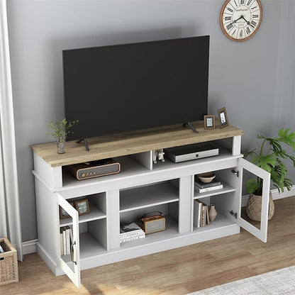 58 Inch TV Stand, Television Stands with 2 Tempered Glass Doors, Storage Cabinet and Shelves, Entertainment Center for Living Room, White+Wood - LeafyLoom