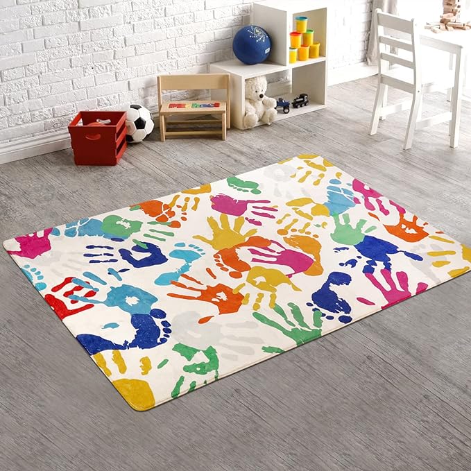 Handprints and Footprints Kids Rug for Playroom, 3'x5' Washable Colorful Nursery Rug for Boys and Girls Room, Ultra Soft Non-Slip Carpet Indoor Mat for Classroom Bedroom - LeafyLoom