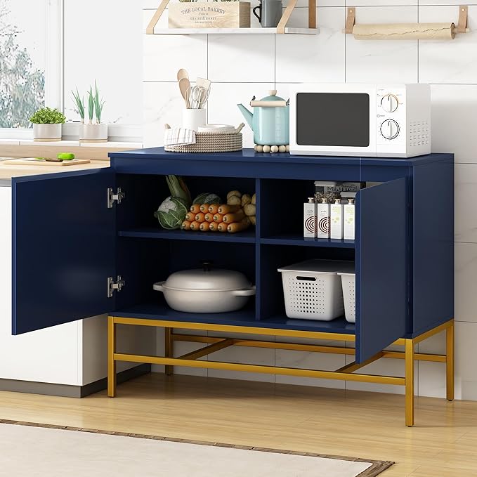 39.4" Minimalist & Luxury Two Door Sideboard with Gold Metal Legs,Freestandin Storage Buffet Cabinet,w/Adjustable Shelves,for Living, Dining Room,Entrance Passage,Navy - LeafyLoom