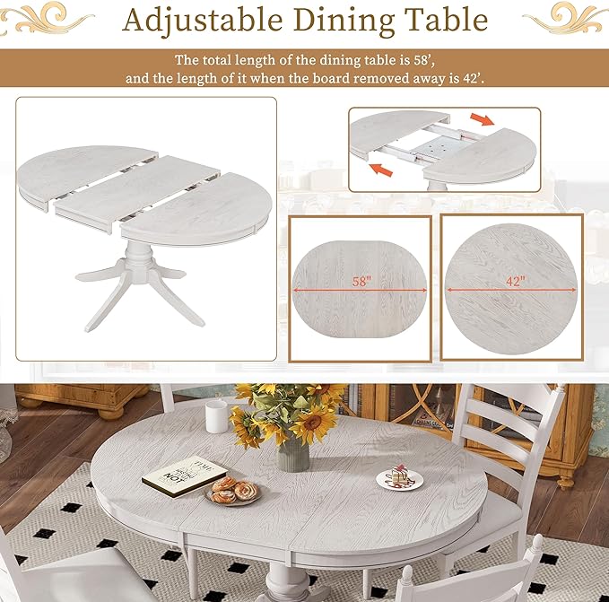 5-Piece Round Extendable Dining Set, Included Solid Wood 42"-58'' Adjustable Tables and 4 Upholstered Chairs, Retro Functional Dinette Furniture for Kitchen Living Room, Antique White - LeafyLoom