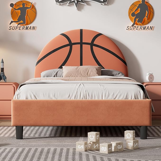 Basketball Design Twin Bed Frame for Kids,Sports Theme Upholstered Platform Bed with Headboard,Velvet Twin Size Bed Frame for Boys & Girls,Teens,Orange - LeafyLoom