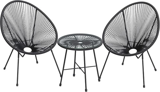 SONGMICS 3-Piece Outdoor Seating Acapulco Chair, Modern Patio Furniture Set, Glass Top Table and 2 Chairs, Indoor and Outdoor Conversation Bistro Set, Ink Black UGGF011B01 - LeafyLoom