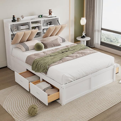 Wood Full Size Platform Bed with Storage Headboard and 4 Drawers, White - LeafyLoom