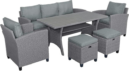 6 7 Pieces Patio Furniture Outdoor Sectional Sofa Conversation Set All Weather Wicker Rattan Couch Dining Table & Chair with Ottoman, Cc-Grey - LeafyLoom