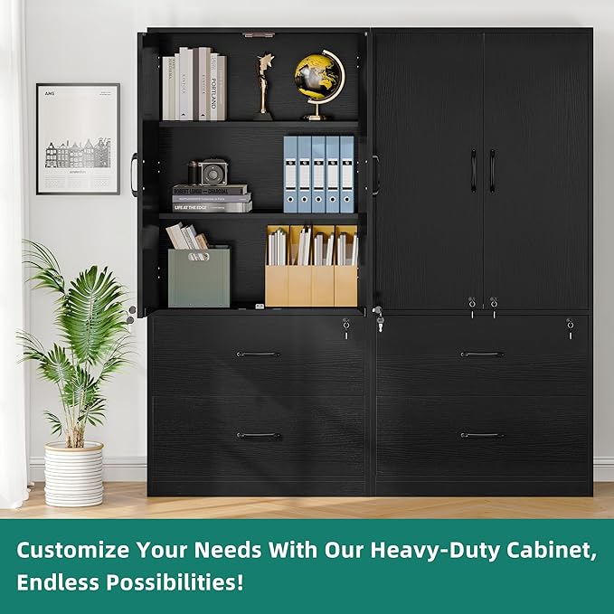 YITAHOME Wood File Cabinets, Heavy Duty Garage Tool Cabinets with Doors & Adjustable Shelves, Big Storage Filing Lockers for Home Office, Living Room, Pantry, Gym, Basement, Warehouse, Black - LeafyLoom