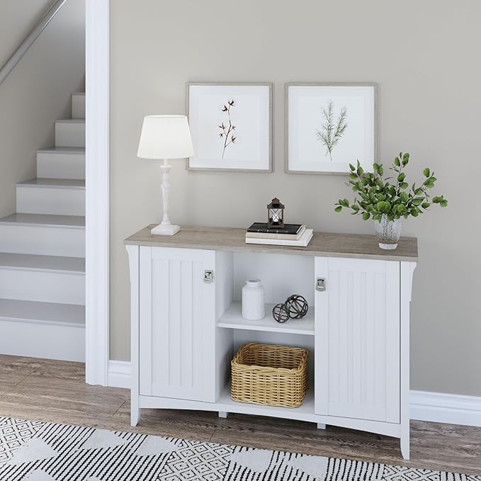 Bush Furniture Salinas Accent Storage Cabinet with Doors in Pure White and Shiplap Gray - LeafyLoom