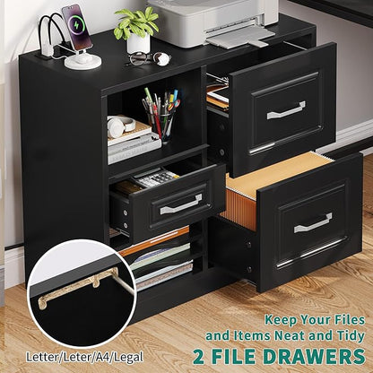 YITAHOME 3 Drawer File Cabinet, Filing Cabinet with Charging Station, Printer Stand with Open Storage Shelves, Fits for A4, Letter, Legal Size Files, Black - LeafyLoom