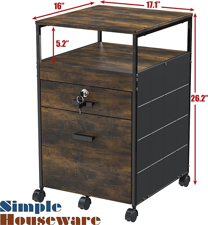 SHW Rolling File Cabinet w/ 2 Drawers & Open Shelf, Rustic Brown - LeafyLoom