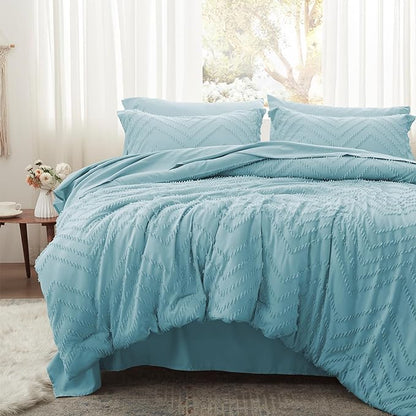 Anluoer Queen Comforter Set, Sky Blue Tufted Bed in a Bag 7 Pieces with comforters and sheets, All Season Bedding Sets with 1 Comforter, 2 PillowShams, 2 Pillowcases, 1 Flat Sheet, 1 Fitted Sheet - LeafyLoom