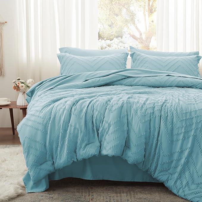 Anluoer King Comforter Set, Sky Blue Tufted Bed in a Bag 7 Pieces with comforters and sheets, All Season Bedding Sets with 1 Comforter, 2 PillowShams, 2 Pillowcases, 1 Flat Sheet, 1 Fitted Sheet - LeafyLoom