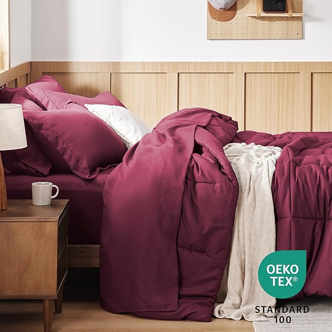 Bedsure Burgundy Twin Comforter Set - 5 Pieces Solid Twin Bed in a Bag, Twin Bed Set Burgundy with Comforters, Sheets, Pillowcase & Sham - LeafyLoom