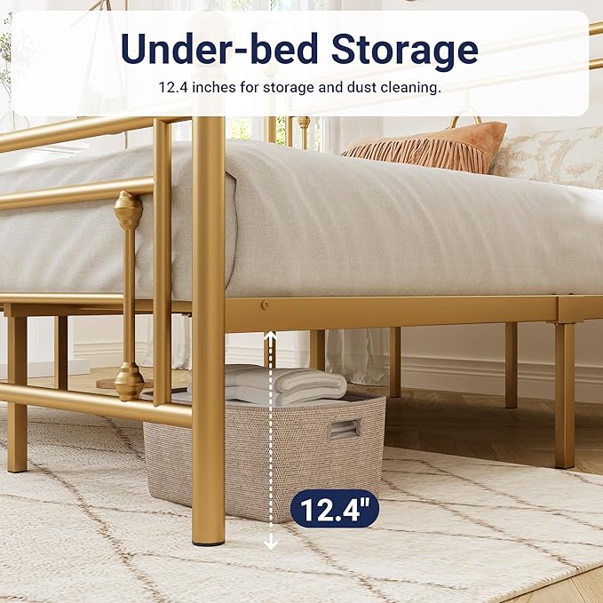 Allewie King Size Metal Platform Bed Frame with Victorian Vintage Headboard and Footboard/Mattress Foundation/Under Bed Storage/No Box Spring Needed/Noise-Free/Easy Assembly, Gold - LeafyLoom