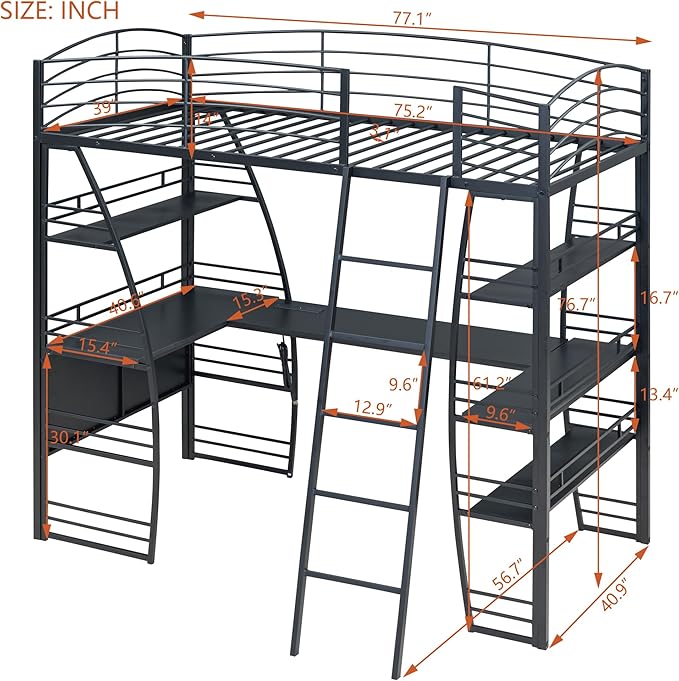 RITSU Twin Size Loft Bed with Storage 4 Layers Shelves and L-Shaped Desk, Strong Metal Bedframe, USB Ports Sockets and Wireless Charging, for Children's Room, Teens, Black - LeafyLoom